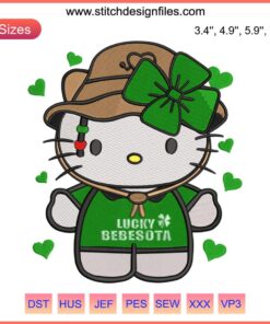 Hello Kitty Lucky Bebesota Embroidery featuring Bad Bunny St. Patrick’s Day design, festive clover accents, digital embroidery file.