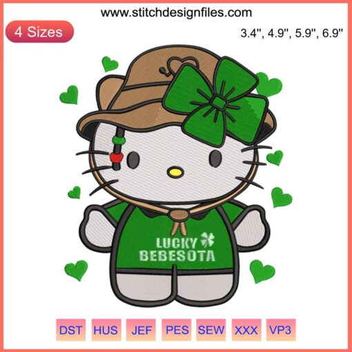 Hello Kitty Lucky Bebesota Embroidery featuring Bad Bunny St. Patrick’s Day design, festive clover accents, digital embroidery file.