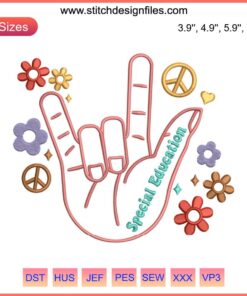Vintage embroidery design featuring a retro, hippie-inspired special education teacher theme. Vibrant and colorful stitches.