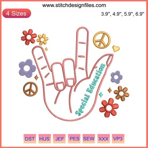 Vintage embroidery design featuring a retro, hippie-inspired special education teacher theme. Vibrant and colorful stitches.