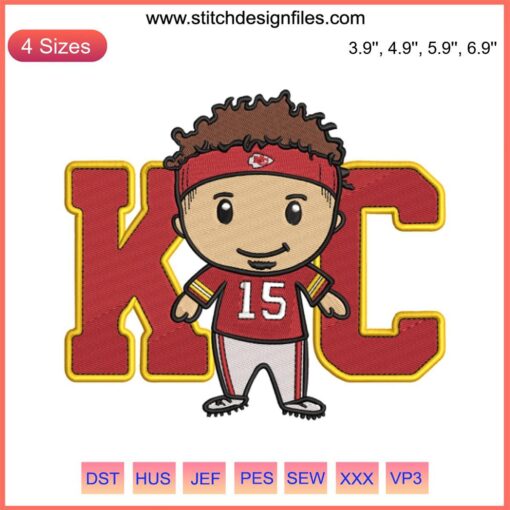 Chibi Patrick Mahomes Embroidery, Kansas City Chiefs NFL Design. Playful, cute design for embroidery enthusiasts.