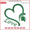 Spartan Love Embroidery Design: MSU logo with heart, machine embroidery file for Michigan State fans.