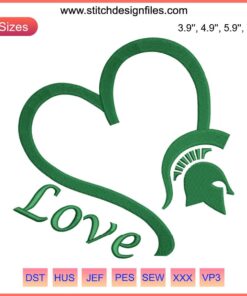 Spartan Love Embroidery Design: MSU logo with heart, machine embroidery file for Michigan State fans.
