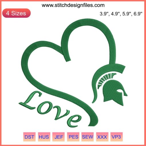Spartan Love Embroidery Design: MSU logo with heart, machine embroidery file for Michigan State fans.