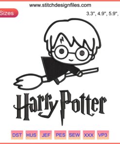 Chibi Harry Potter Embroidery Design with Broom | Digital File for Sewing Machines