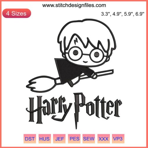 Chibi Harry Potter Embroidery Design with Broom | Digital File for Sewing Machines