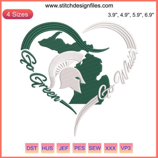 Spartan Strong Go Green Heart Embroidery Design | Michigan State University 2023 Embroidery File | MSU Embroidery Pattern