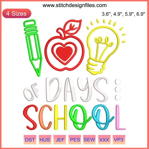 Colorful "100 Days Brighter" embroidery design with crayons, perfect for teacher's 100th day of school project.