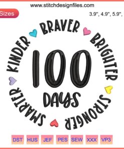 "100 Days Smarter Teacher Embroidery File: Colorful school-themed applique design celebrating 100 days of learning milestones."