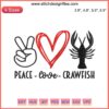 "Peace Love Crawfish Embroidery Design: Mardi Gras themed with heart, peace symbol, vibrant crawfish elements for festive projects."