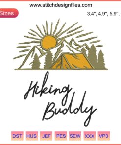 Hiking Buddy Embroidery Design: Camping Gear, Mountains, Campfire, Adventure, Challenge Yourself, Outdoor Embroidery File.