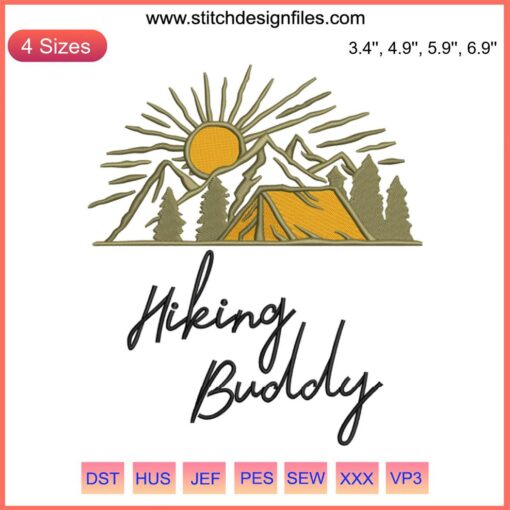 Hiking Buddy Embroidery Design: Camping Gear, Mountains, Campfire, Adventure, Challenge Yourself, Outdoor Embroidery File.