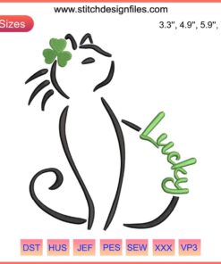 St. Patrick's Day embroidery: Shamrock-adorned Irish kitten, Lucky Cat design file, festive green and gold accents.