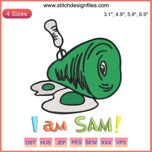 Dr. Seuss Embroidery Design: "I Am Sam" with Green Eggs and Ham, perfect for Seuss Day crafts and embroidery projects.