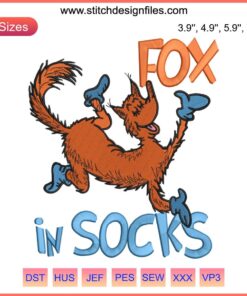 Dr. Seuss Fox In Socks Embroidery Design featuring Cat In The Hat and Fox; playful pattern ideal for sweaters and decor.