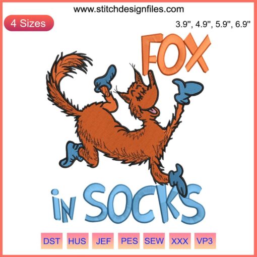 Dr. Seuss Fox In Socks Embroidery Design featuring Cat In The Hat and Fox; playful pattern ideal for sweaters and decor.