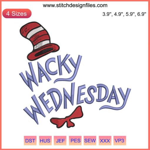 Dr. Seuss Wacky Wednesday Cat In The Hat Embroidery Design, whimsical and colorful, perfect for creative projects.