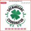 Shenanigans Coordinator Embroidery Design: Green, St. Patrick's Day themed, perfect for matching teacher apparel or crafts.