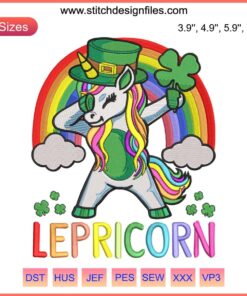 St. Patrick's Day Embroidery: Lepricorn Unicorn with Shamrock Design File – Lucky Unicorn Embroidery Design.