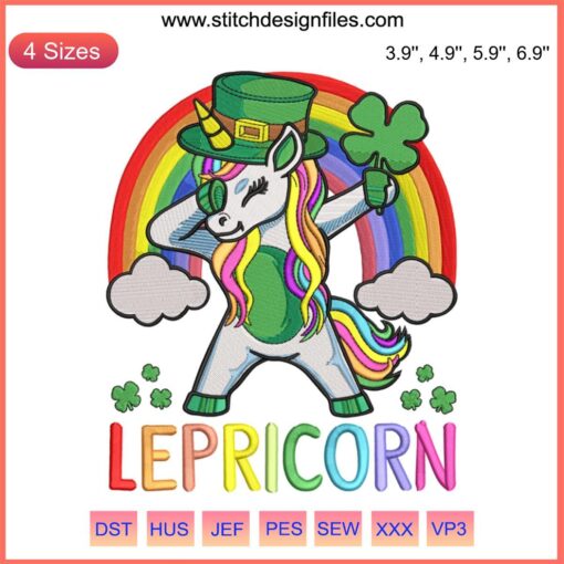 St. Patrick's Day Embroidery: Lepricorn Unicorn with Shamrock Design File – Lucky Unicorn Embroidery Design.