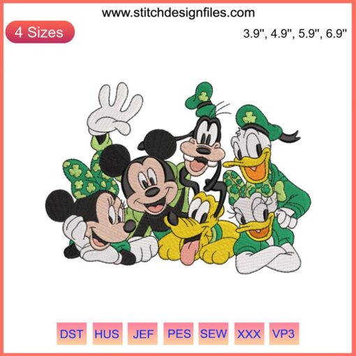 St. Patrick's Day Mouse and Friends Embroidery Design | Disney Character File - Festive Mickey Mouse, Shamrocks, Green Outfit