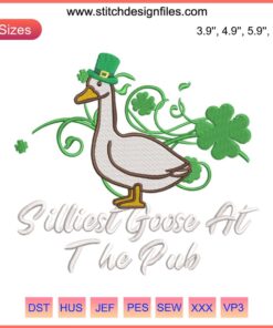 Embroidery design of a goofy goose wearing a green hat, holding a shamrock, perfect for St. Patrick's Day pub decor.
