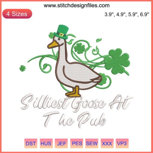 Embroidery design of a goofy goose wearing a green hat, holding a shamrock, perfect for St. Patrick's Day pub decor.