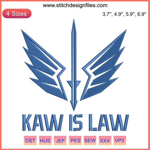 St. Louis Battlehawks embroidery design, "Kaw Is Law" slogan, football-inspired machine embroidery for apparel customization.