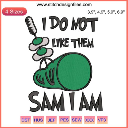Green Eggs and Ham embroidery featuring "I Do Not Like Them Sam I Am" text with playful design for Read Across America.