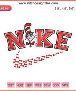 Cat in the Hat Nike-inspired swoosh embroidery featuring Dr. Seuss design with red and white stripes.