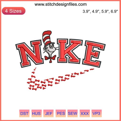 Cat in the Hat Nike-inspired swoosh embroidery featuring Dr. Seuss design with red and white stripes.