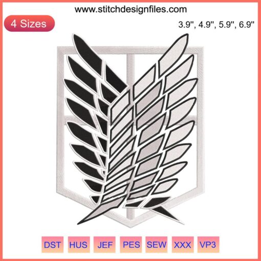 "Attack on Titan Wings of Freedom Embroidery Design File - Intricate anime-inspired wings emblem for DIY projects."