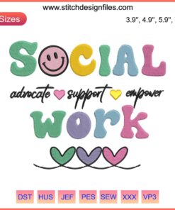 Boho Style Social Work Embroidery Design: Advocate Support Empower Text, Floral and Geometric Patterns, Ideal for Social Workers