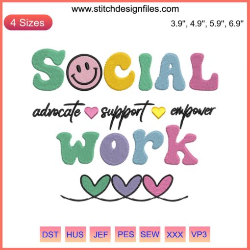 Boho Style Social Work Embroidery Design: Advocate Support Empower Text, Floral and Geometric Patterns, Ideal for Social Workers