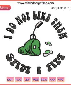 Dr. Seuss Sam I Am Green Eggs and Ham Embroidery Design features playful, vibrant colors, perfect for Seuss-themed projects.