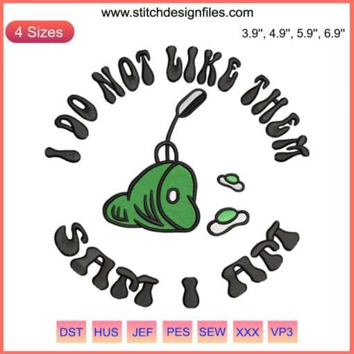 Dr. Seuss Sam I Am Green Eggs and Ham Embroidery Design features playful, vibrant colors, perfect for Seuss-themed projects.