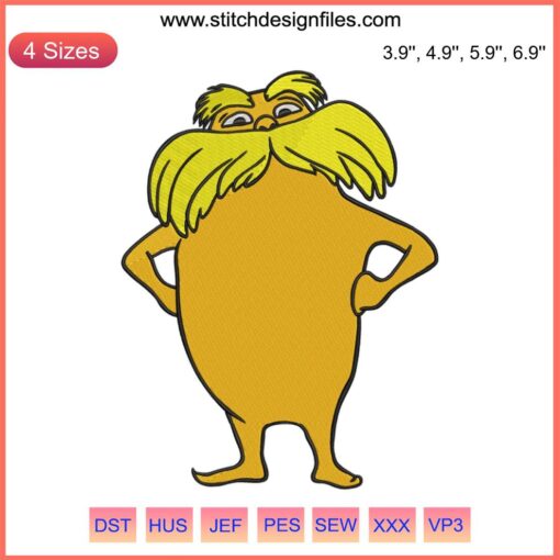 The Lorax Funny Embroidery Design File featuring Dr. Seuss character in vibrant colors for creative stitching projects.