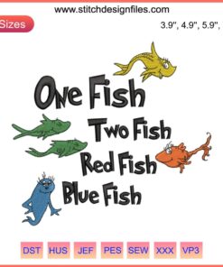 Dr. Seuss Embroidery File: One Fish Two Fish, Cat in the Hat design, vibrant colors, whimsical, SVG format, craft pattern