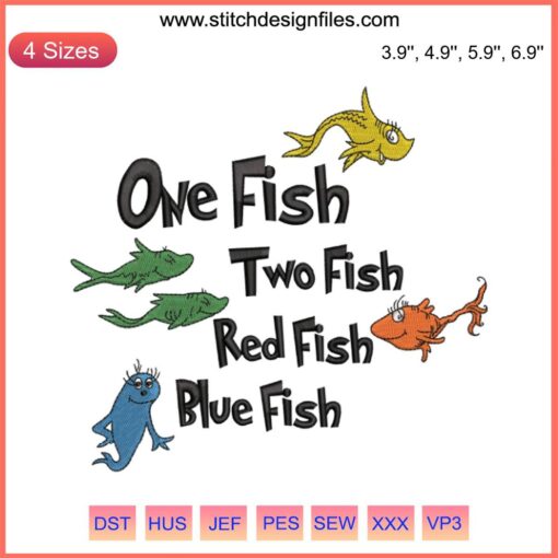 Dr. Seuss Embroidery File: One Fish Two Fish, Cat in the Hat design, vibrant colors, whimsical, SVG format, craft pattern