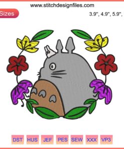 Totoro Cute Embroidery Design: Anime Totoro with Flowers & Leaves, Machine Embroidery Pattern, Whimsical Totoro Art.