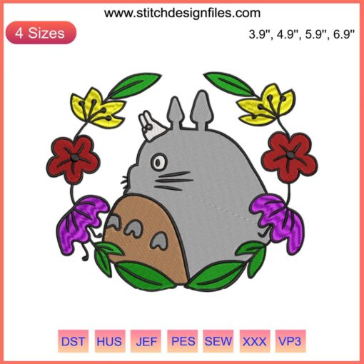 Totoro Cute Embroidery Design: Anime Totoro with Flowers & Leaves, Machine Embroidery Pattern, Whimsical Totoro Art.