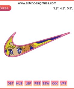 Anime-inspired Nike Swoosh Embroidery: Sailor Moon-themed machine embroidery design with crescent moon and stars.