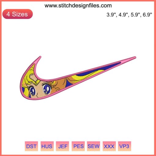 Anime-inspired Nike Swoosh Embroidery: Sailor Moon-themed machine embroidery design with crescent moon and stars.