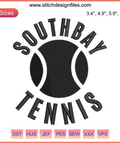 Retro sport tennis racket embroidery design, Southbay tennis theme, vintage style, machine embroidery pattern, trendy sports decor.