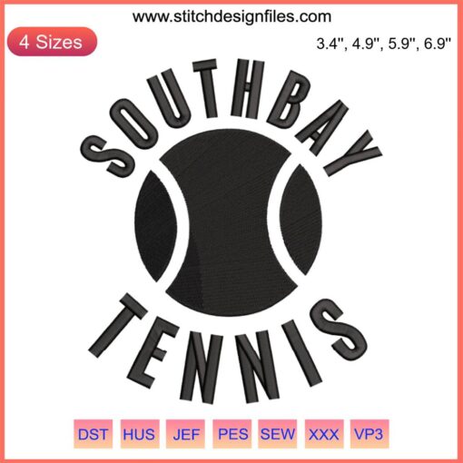 Retro sport tennis racket embroidery design, Southbay tennis theme, vintage style, machine embroidery pattern, trendy sports decor.