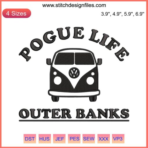 Outer Banks themed embroidery design featuring "Pogue Life" text, camping symbols, suitable for outdoor and coastal enthusiasts.