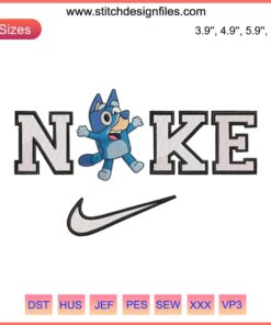 Disney x Nike Bluey & Bingo embroidery design featuring Bluey characters in vibrant Nike shoes, ideal for digital projects.