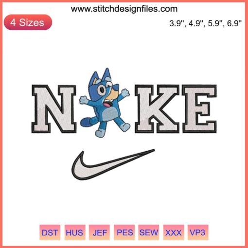 Disney x Nike Bluey & Bingo embroidery design featuring Bluey characters in vibrant Nike shoes, ideal for digital projects.