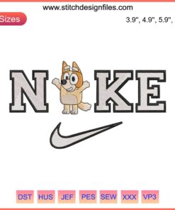 Bluey and Bingo Disney x Nike embroidery design file; Bluey, Bingo in vibrant, playful style on embroidery pattern.