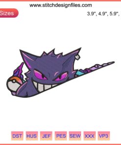 Gengar-inspired Nike logo embroidery design file featuring an Anime twist, perfect for Pokemon and sneaker enthusiasts.